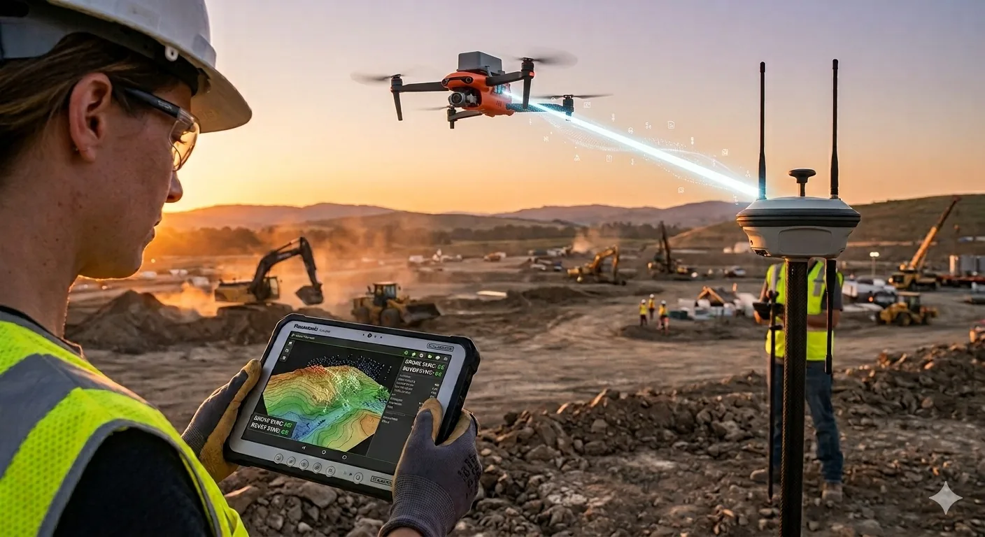 Topógrafo em obra com tablet exibindo modelo do terreno, receptor GNSS RTK e drone sobrevoando a área ao entardecer